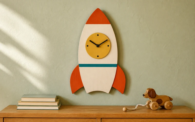 Finished DIY wooden rocket wall clock in a retro kids room