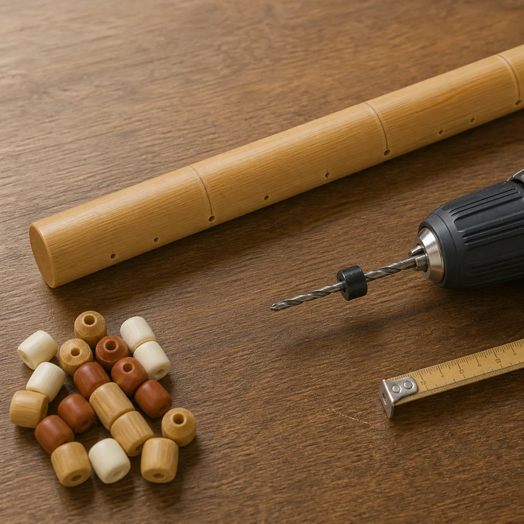 Pilot holes measured along a honey-bamboo rail beside a depth-controlled drill bit.