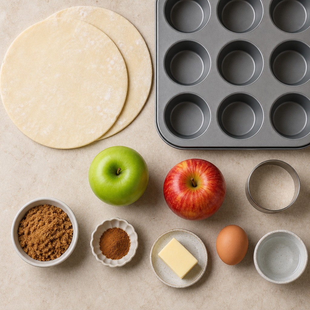 Ingredients for easy apple pie bites arranged beside a muffin tin