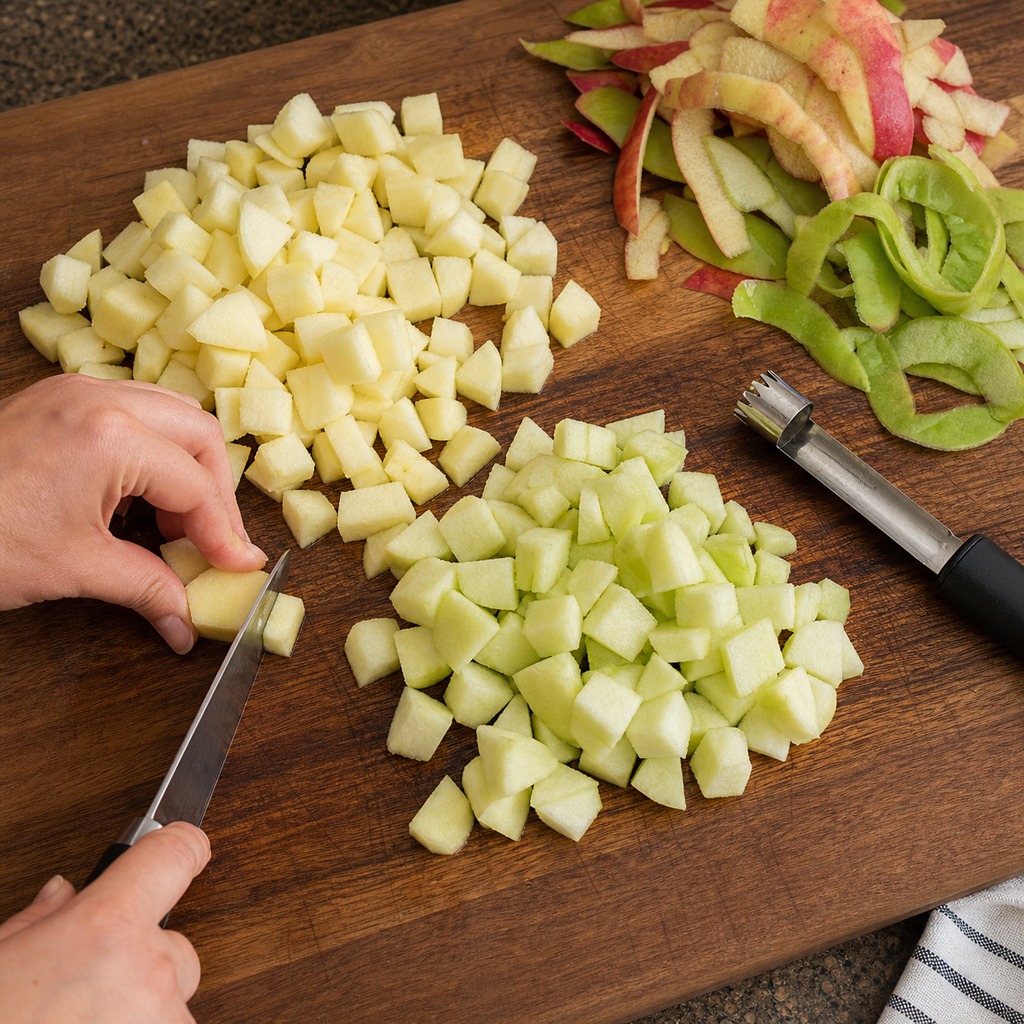 Two peeled apples being diced into small cubes
