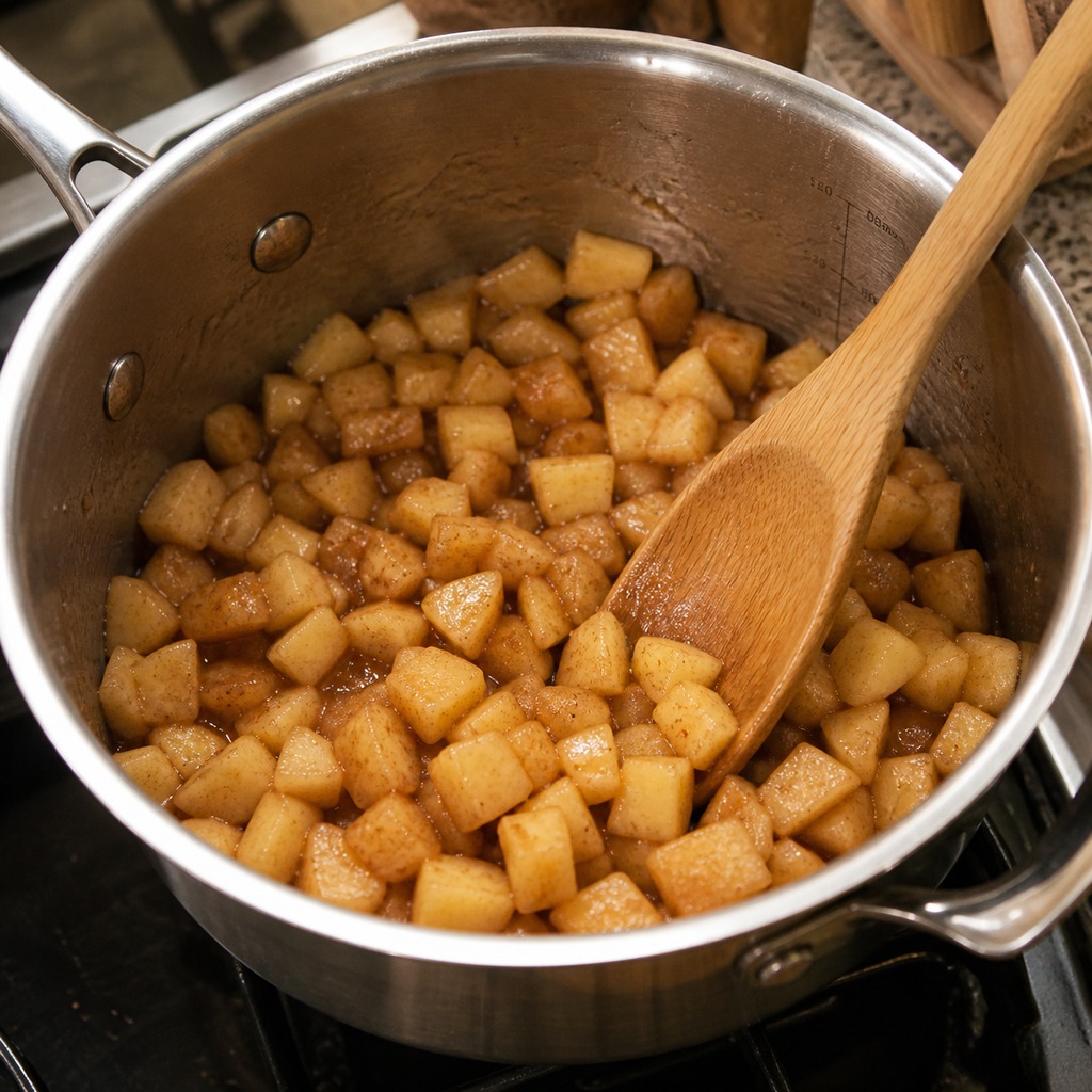 Peeled diced apples cooking with butter brown sugar and cinnamon