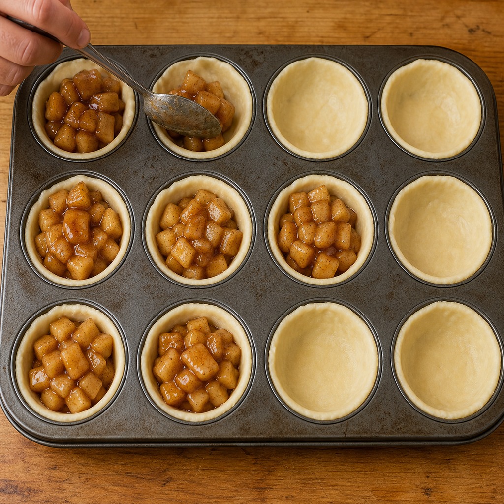 Cinnamon apple filling spooned into pie crust cups in a twelve cup muffin tin