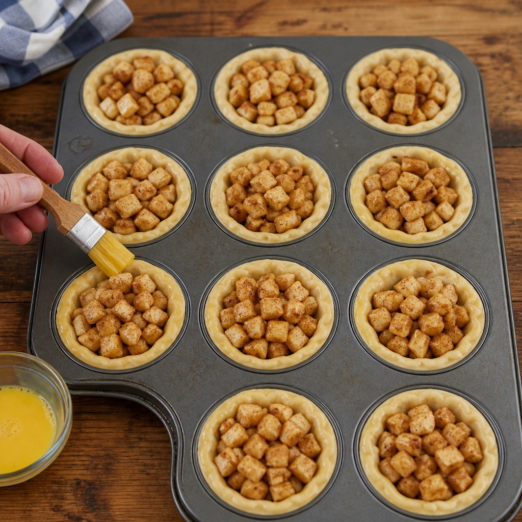 Egg wash brushed onto the rims of open faced apple pie bites