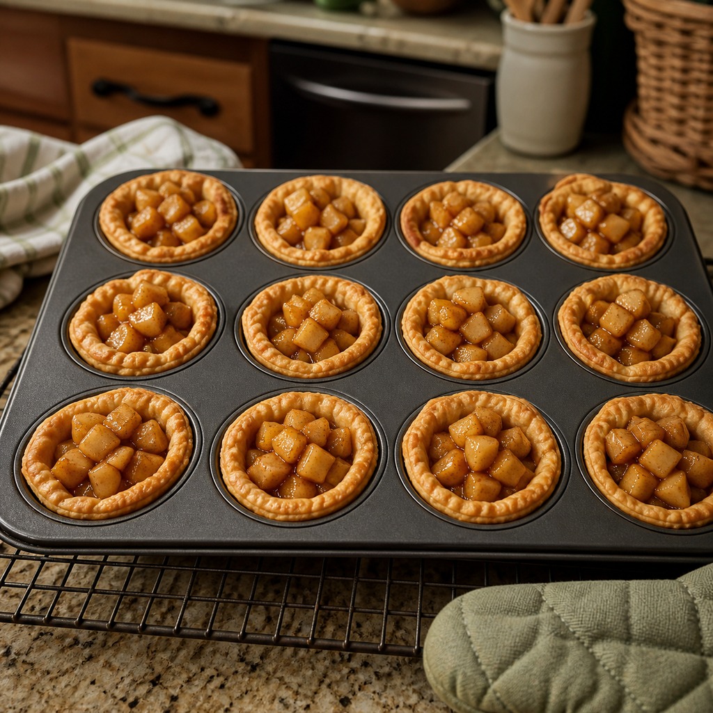 Twelve baked apple pie bites cooling in a muffin tin