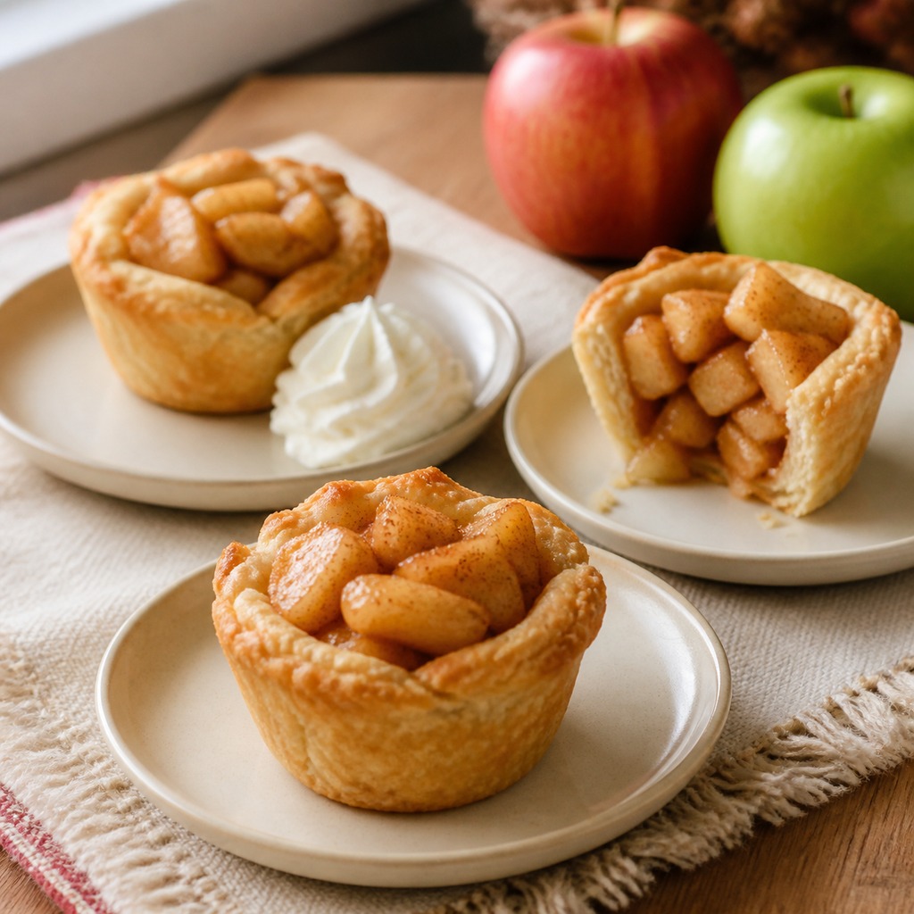 Three warm open faced apple pie bites served on small plates