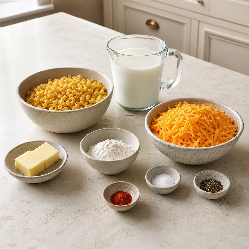 Ingredients for easy homemade mac and cheese arranged separately on a pale kitchen counter
