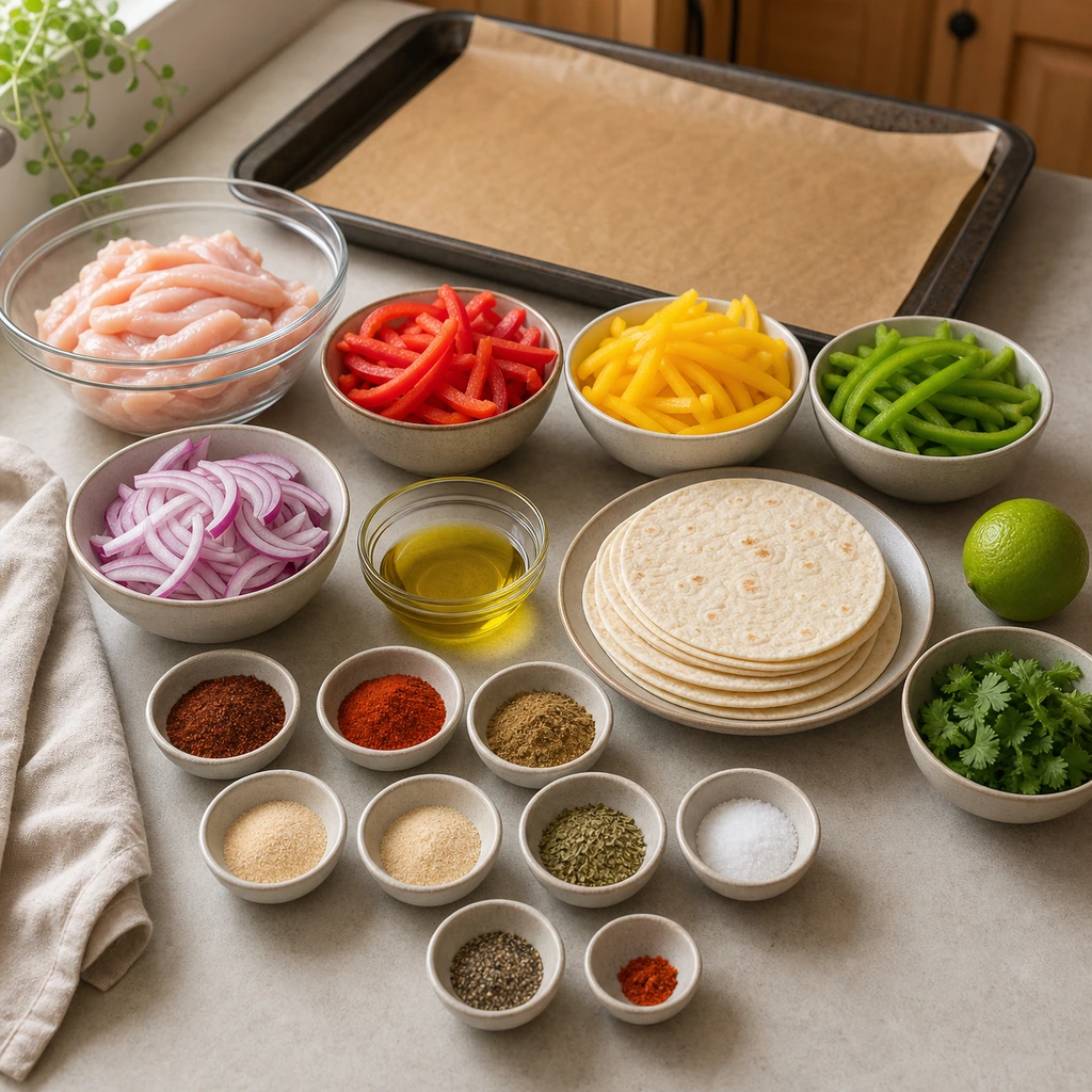 Measured ingredients for oven fajitas arranged safely on a kitchen counter