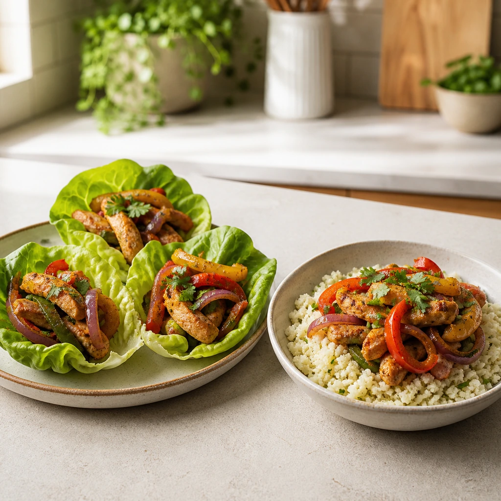 Chicken fajitas served in lettuce cups and over cauliflower rice