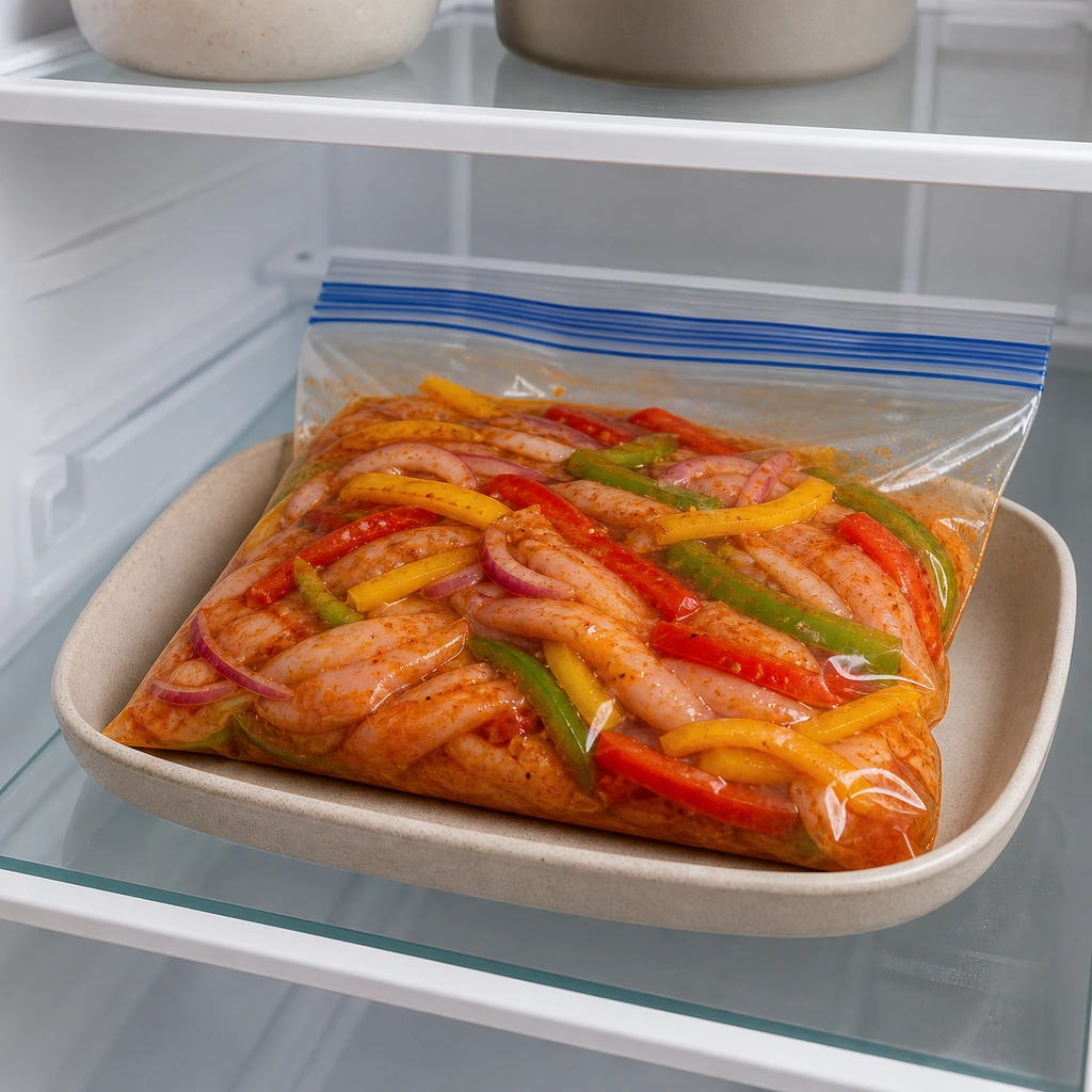 Sealed bag of raw fajita ingredients marinating in a rimmed dish in the refrigerator