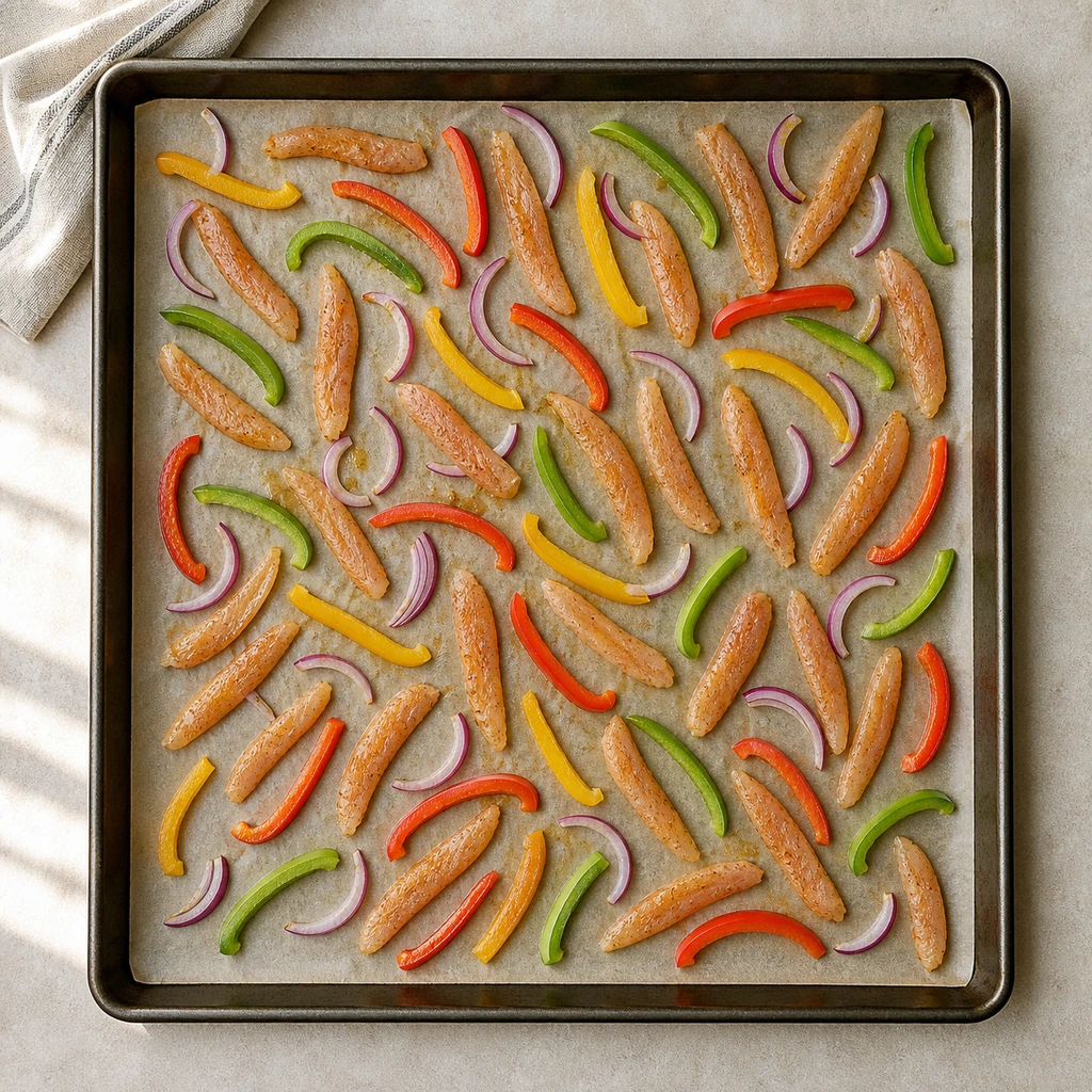 Seasoned chicken and peppers spaced evenly across a sheet pan