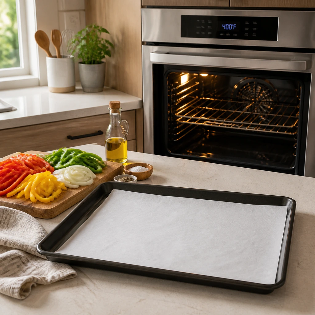 Parchment-lined baking sheet ready beside a preheated oven