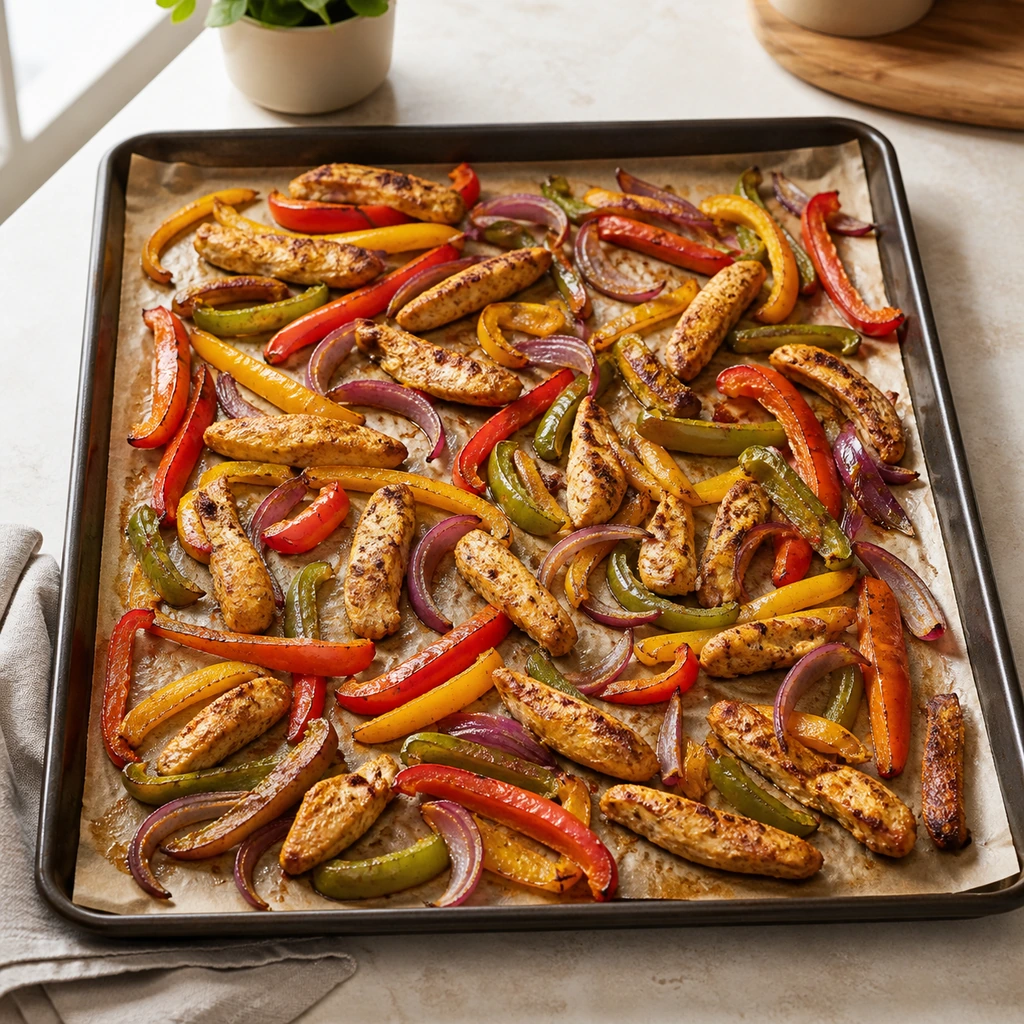 Cooked chicken fajitas roasted in a single layer on a sheet pan