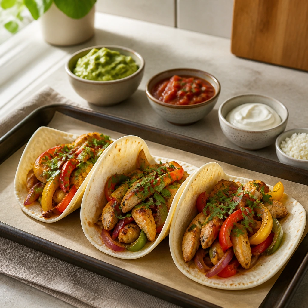 Warm tortillas filled with roasted chicken fajitas and fresh cilantro