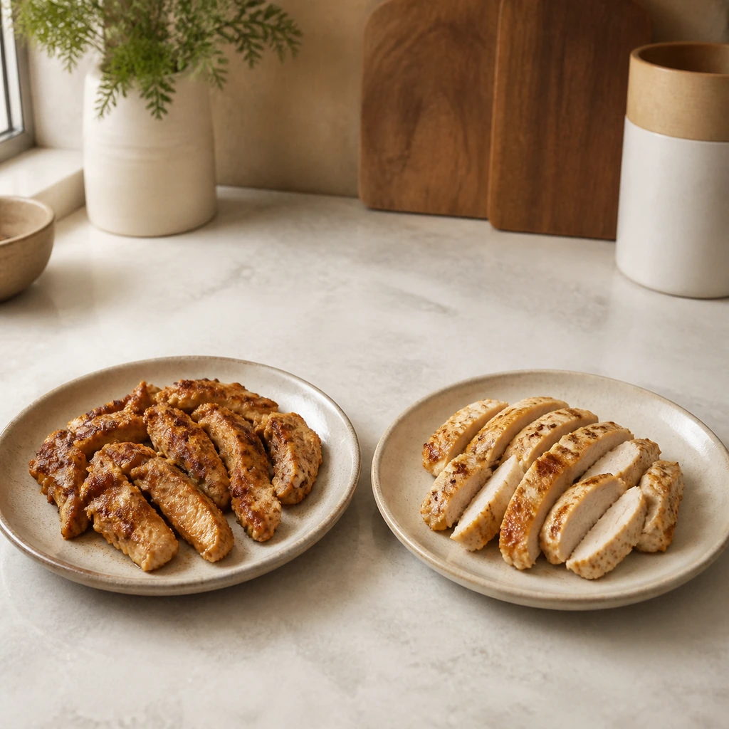 Cooked chicken thigh and chicken breast slices shown on separate plates