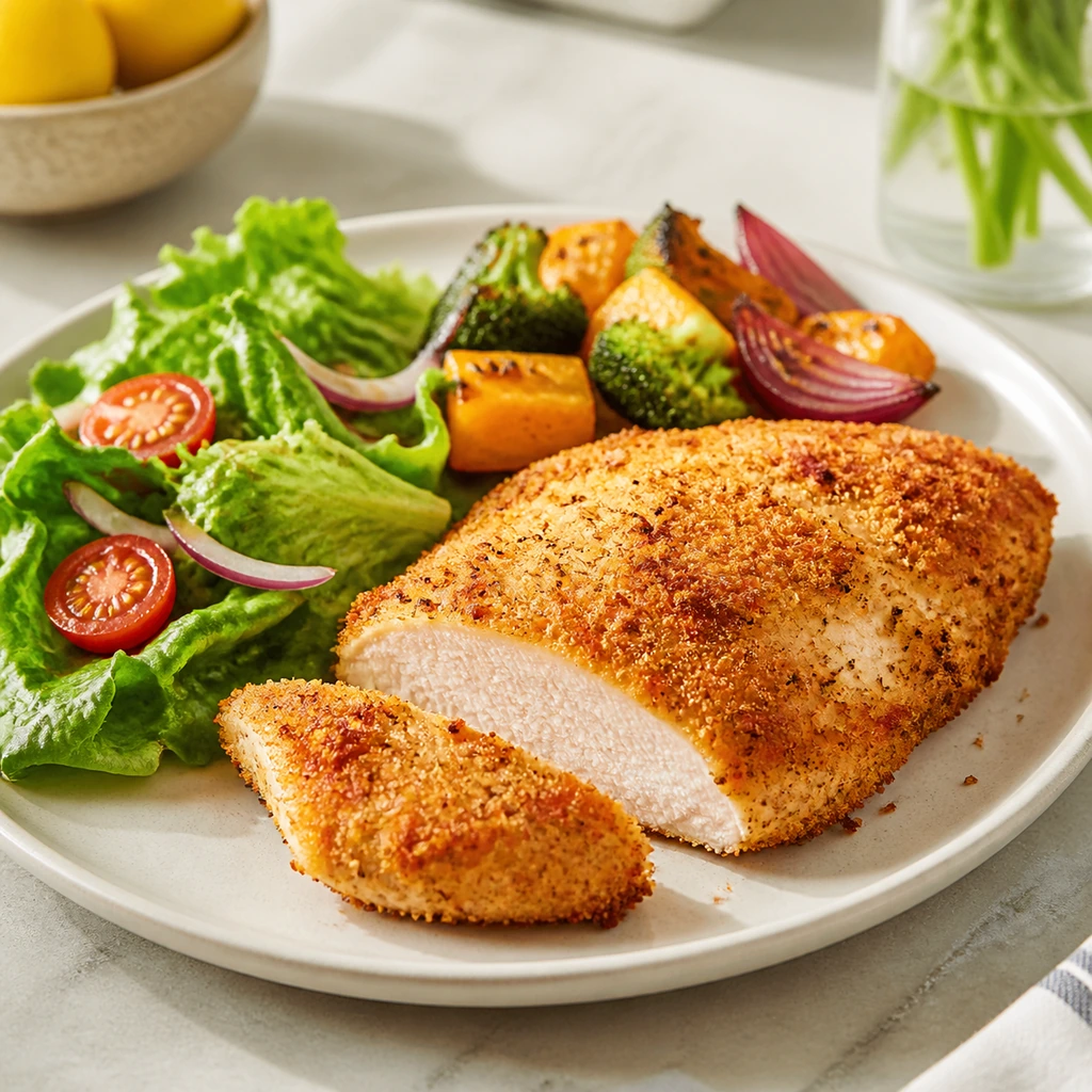 Crispy Parmesan chicken served with salad and roasted vegetables
