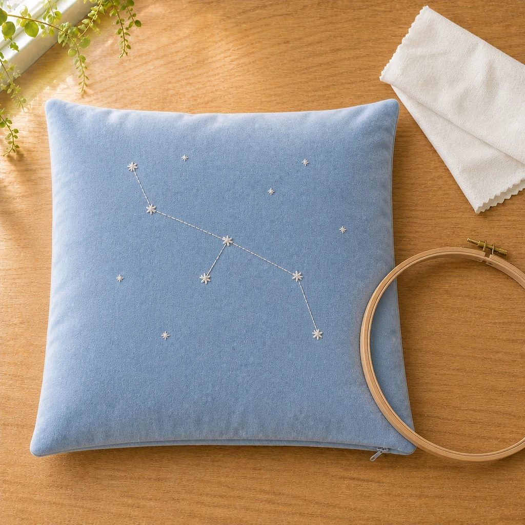 Finished silver and white constellation embroidery on Cool Blue velvet
