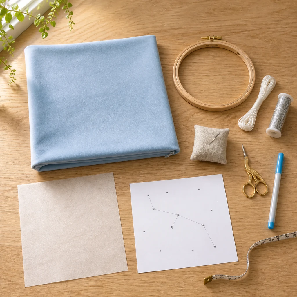 Materials for a Cool Blue embroidered constellation pillow