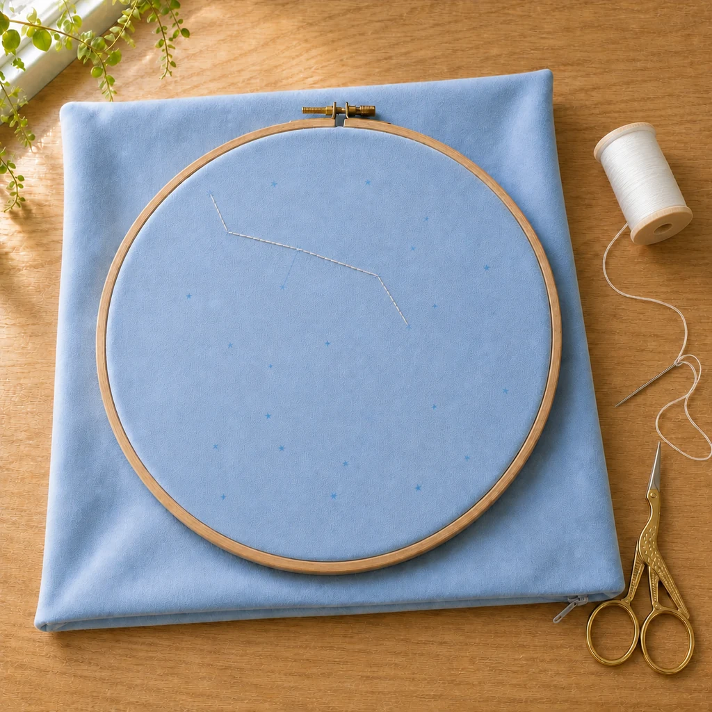 Silver straight stitches following one constellation guide
