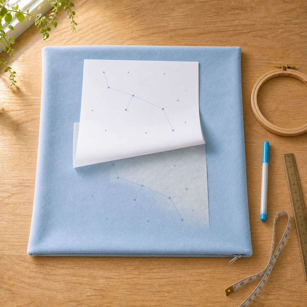 Paper star map being transferred onto blue velvet