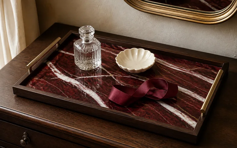 Finished DIY faux red marble vanity tray with a walnut frame and two brass handles.