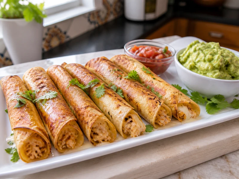 Baked creamy cheesy chicken flautas with guacamole