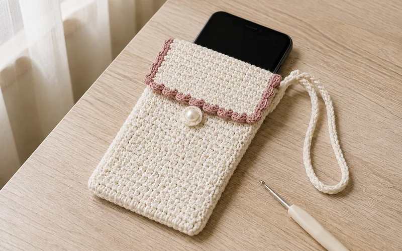 Finished ivory crochet lace-edge phone pouch with dusty rose scalloped trim and pearl button.
