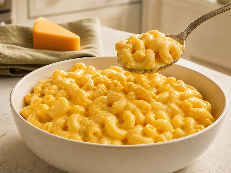 Creamy homemade mac and cheese served in a ceramic bowl with a spoonful lifted above