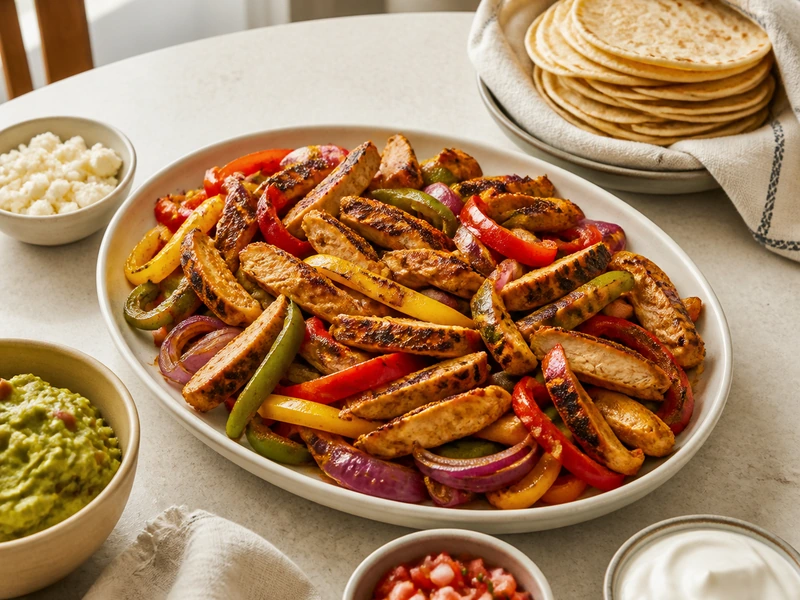 Family-style platter of easy oven fajitas with warm tortillas and toppings
