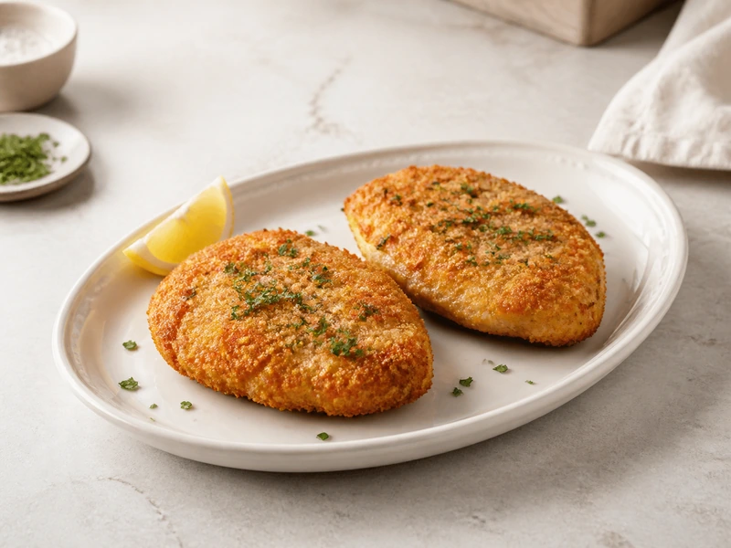 Two whole crispy Parmesan panko chicken breasts on a cream platter