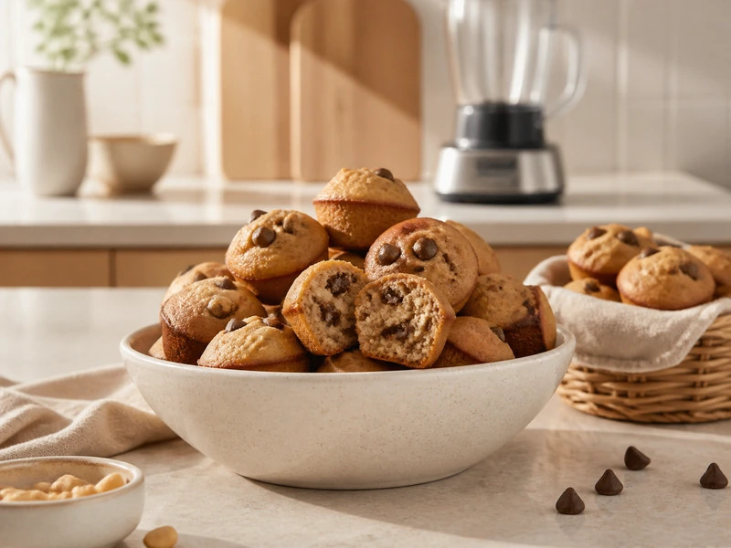 Flourless peanut butter chocolate chip mini muffins in a serving bowl