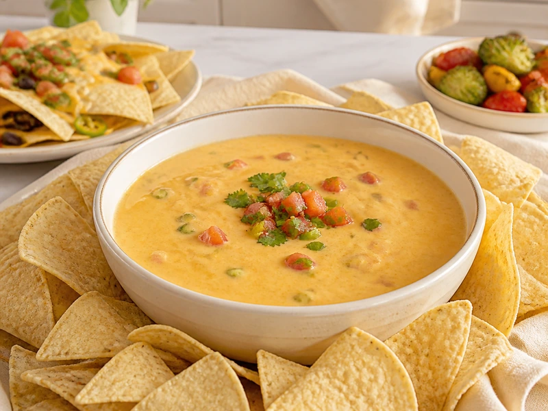 A bowl of creamy queso surrounded by tortilla chips