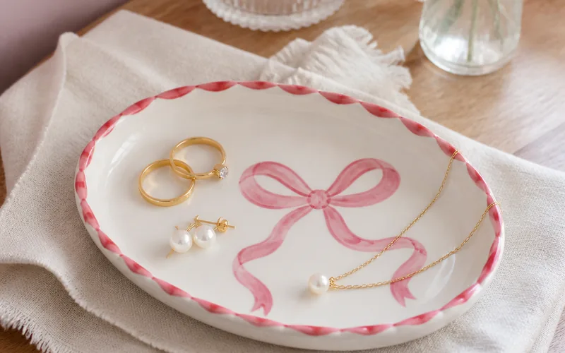 Finished smooth oval white ceramic trinket dish with a flat painted dusty pink bow motif and thin red scalloped rim.