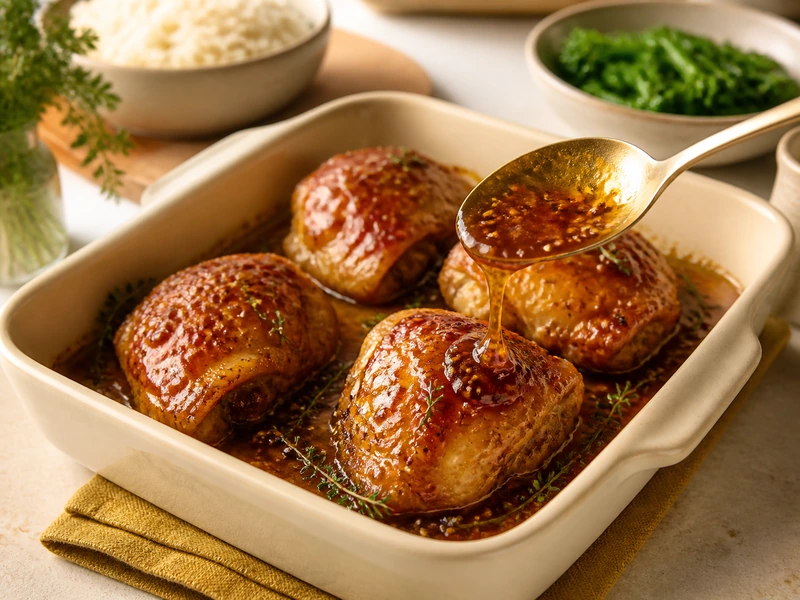 Four glossy Dijon maple baked chicken thighs in an ivory dish