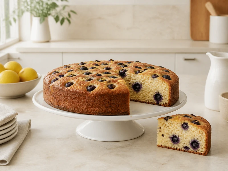 Whole lemon blueberry ricotta cake with one slice removed