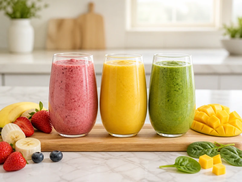 Three perfect smoothies in berry pink tropical yellow and green