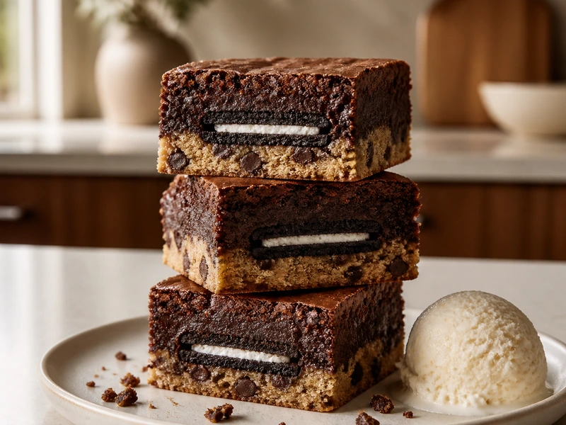 Stacked three-layer brownies with vanilla ice cream