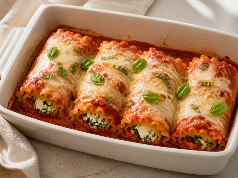 Baked spinach lasagna roll-ups in marinara with mozzarella and basil