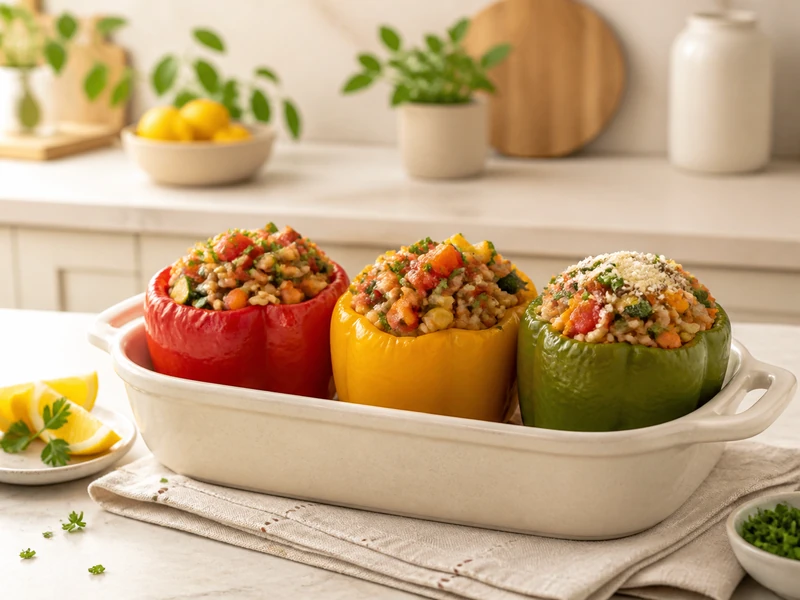 Three baked bell peppers filled with brown rice and vegetables