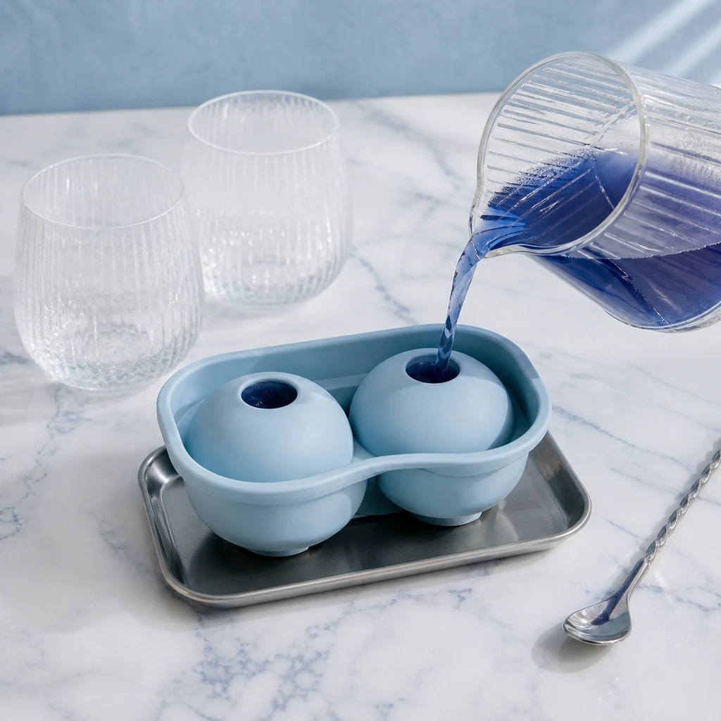 Pouring blue butterfly pea tea into an ice sphere mold