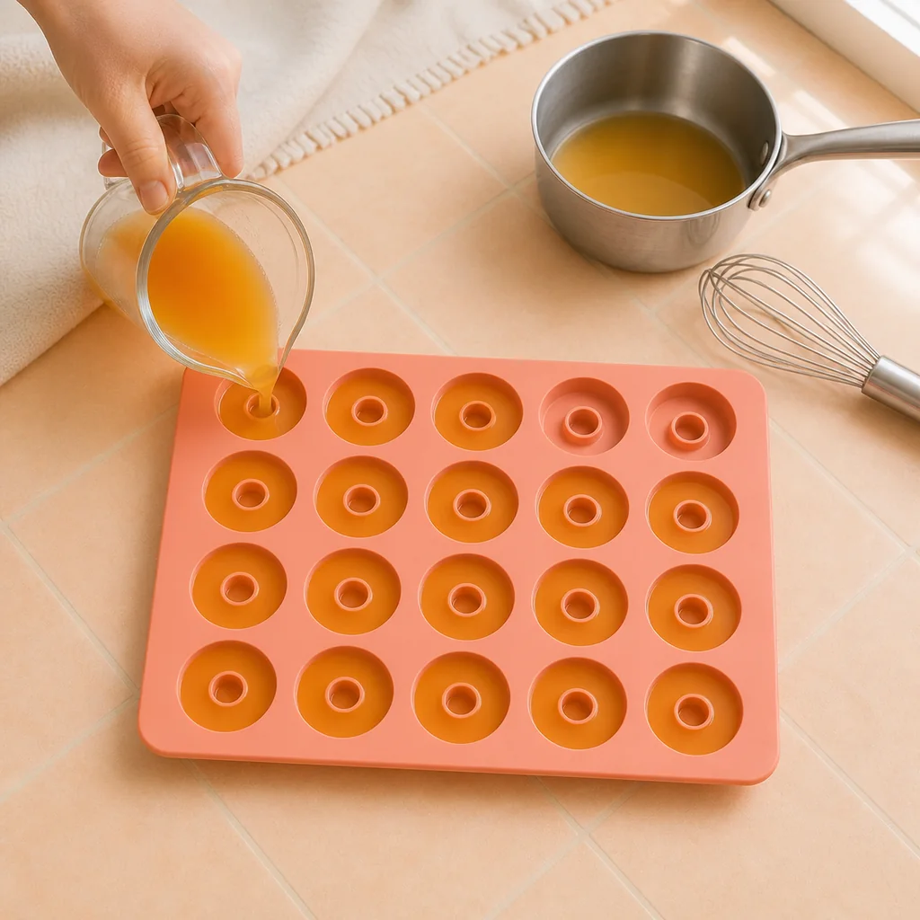 Peach gelatin mixture poured into twenty open-centered silicone ring cavities.