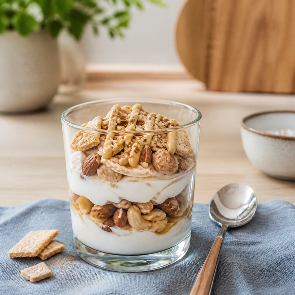 Greek yogurt parfait with nuts tahini cinnamon and crackers