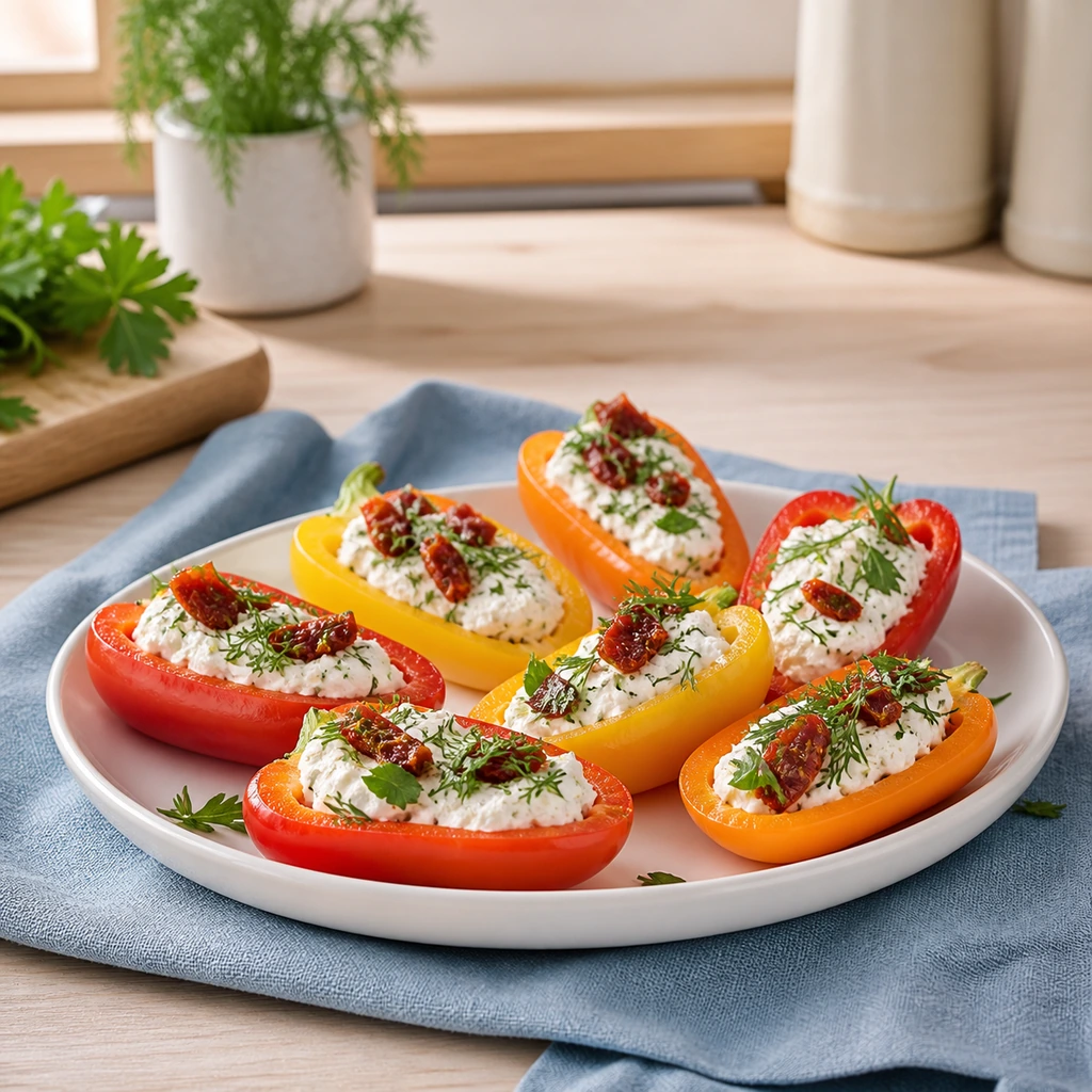 Mini bell peppers stuffed with whipped feta sun-dried tomatoes and herbs