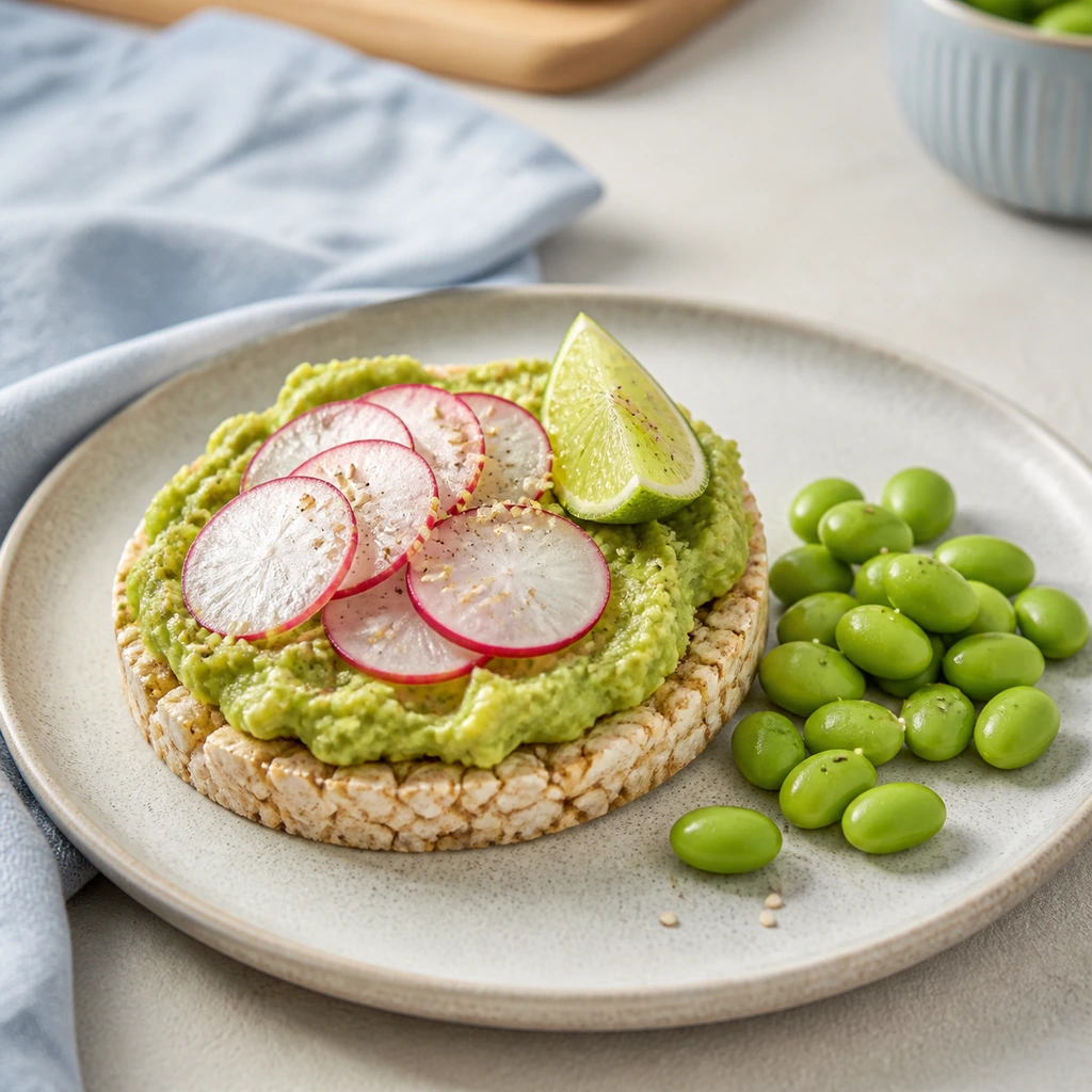 Avocado rice cake with radish lime sesame and edamame
