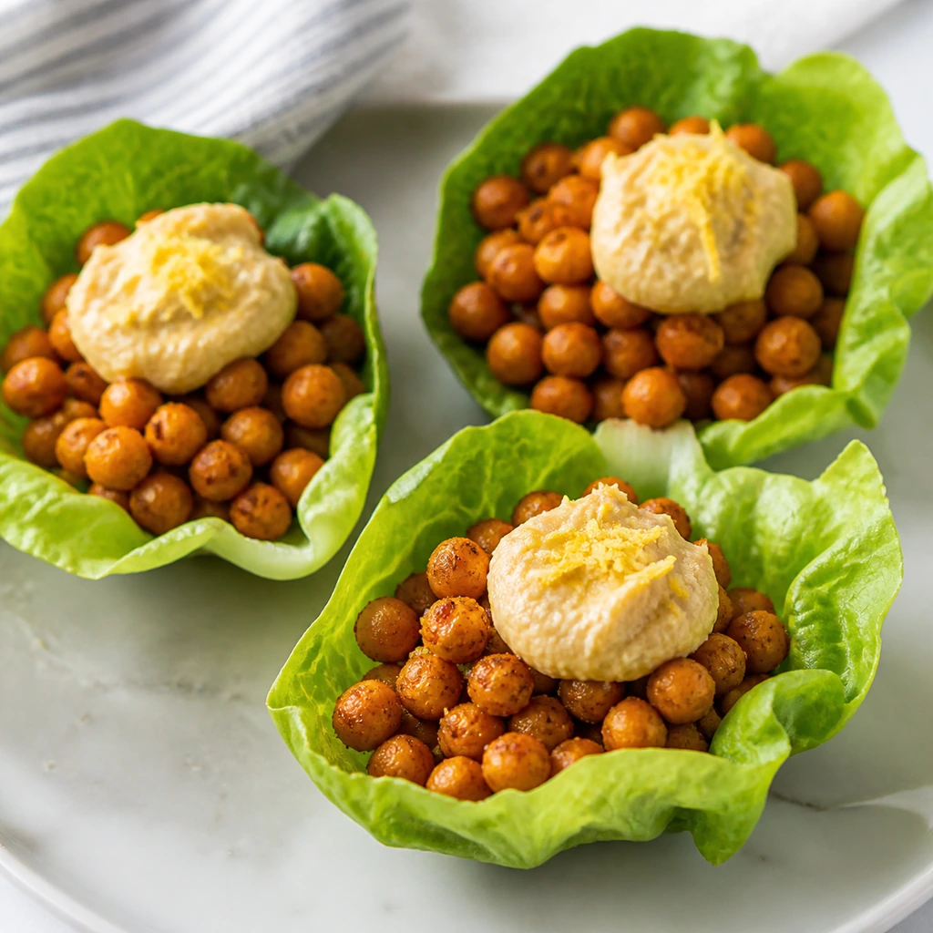 Warm smoky chickpeas in lettuce cups with hummus
