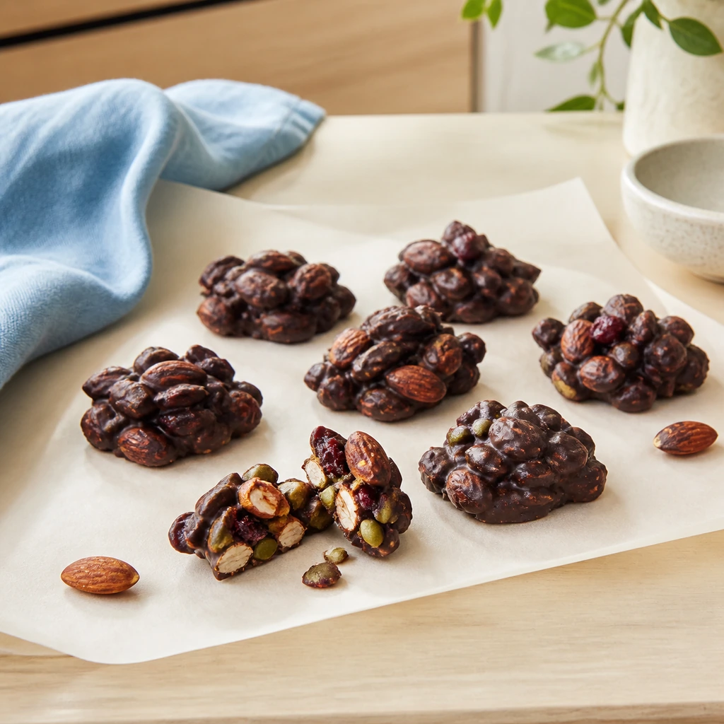Dark chocolate almond clusters with pumpkin seeds and dried cranberries