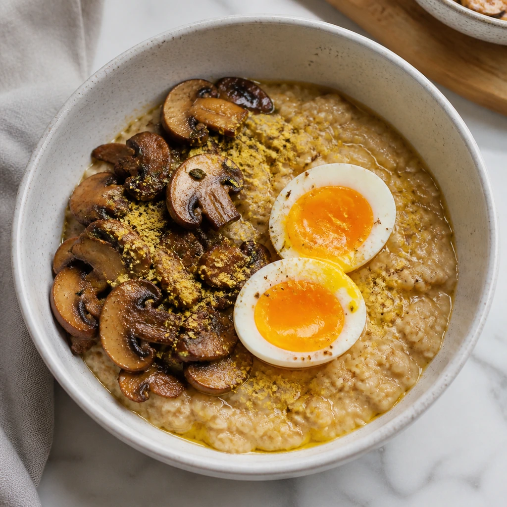 Savory oatmeal with mushrooms soft-boiled egg and nutritional yeast