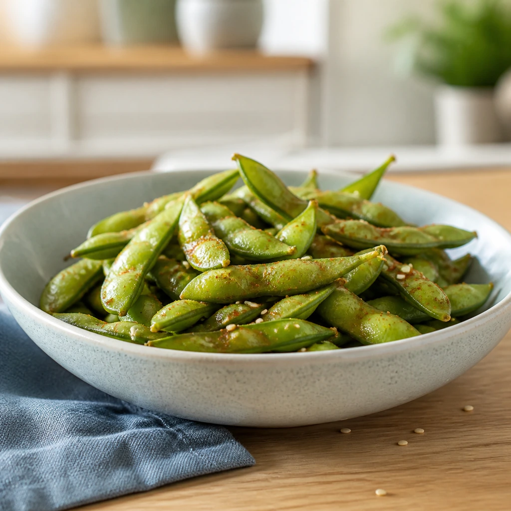 Warm edamame pods with soy sauce sesame oil and chili