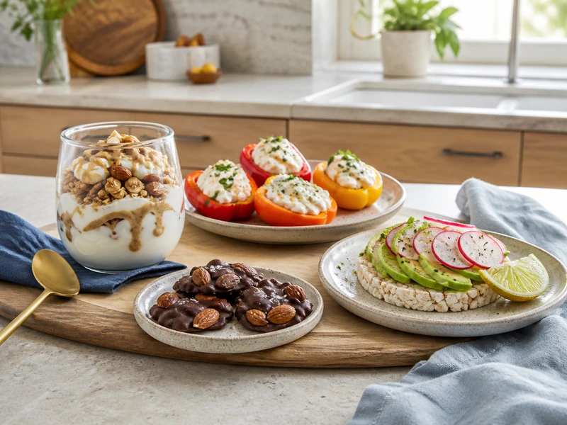 Four filling snack ideas on a kitchen counter