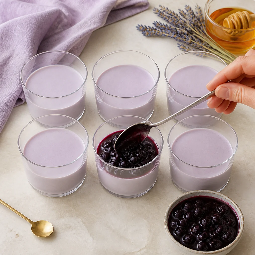 Six lavender panna cotta cups finished with blueberry compote and lavender.