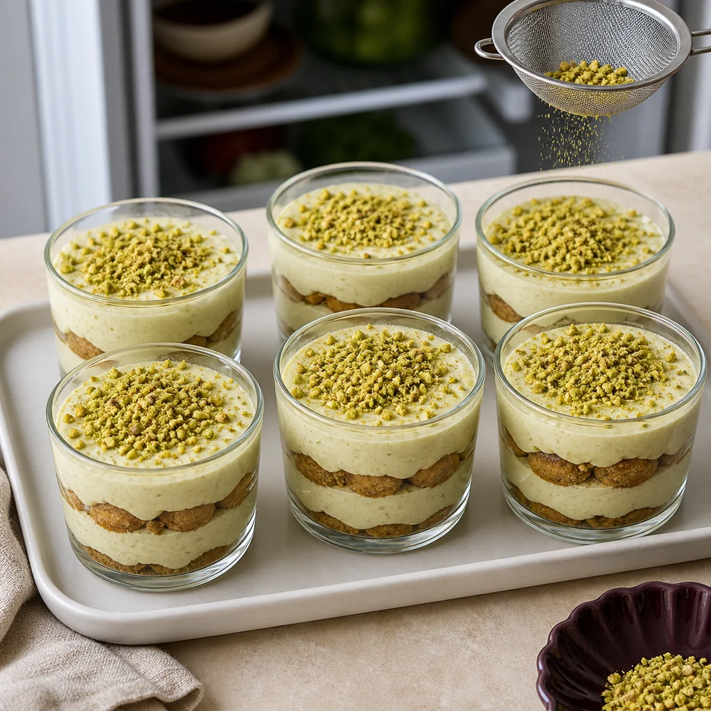 Six chilled pistachio tiramisu cups finished with finely chopped pistachios.